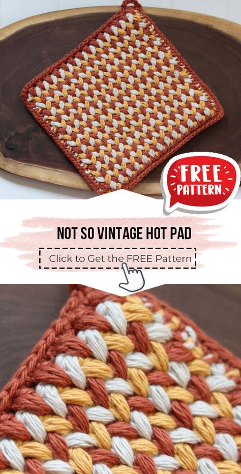 crochet Not So Vintage Hot Pad free pattern - FREE Crochet Potholder Pattern for Beginners. Click to Get the Pattern #Potholder #crochetpattern #crochet via @shareapattern.com Crochet Projects Potholders, Crochet Fall Hot Pads, Round Potholder Crochet Pattern Free, Crochet Cotton Potholders, Oven Mit Crochet Pattern, Fun Crochet Potholders, Crochet Patterns Pot Holders Free, Crochet Kitchen Potholders, Granny Square Pot Holder Free Pattern