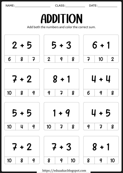 Simple Math Worksheets For Kindergarten, School Work For 1st Graders, Math Addition Worksheets Kindergarten, Addition For Kindergarten Worksheets, Simple Math For Preschoolers, Math Worksheet For Preschool, Math Skills For Kindergarten, Kg 1 Worksheets Math, Math Activities Preschool Worksheets