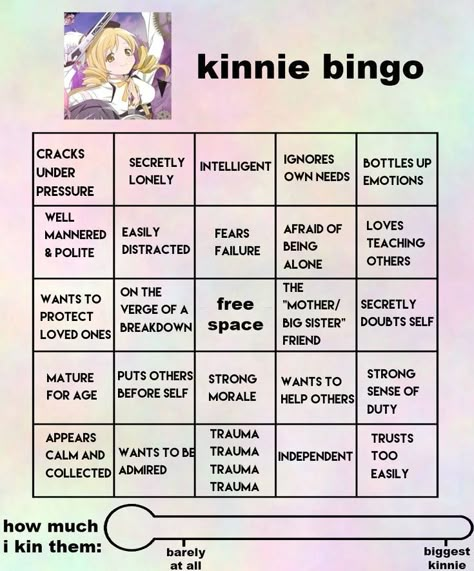 I love her so much she and everyone else deserves sm better 😭 Kinnie Bingo Madoka Magica, Homura Akemi Kinnie Bingo, Homura Kinnie Bingo, Madoka Kinnie Bingo, Evangelion Kinnie Bingo, Mlp Kinnie Bingo, Madoka Magica Kinnie Bingo, Kinnie Check, Kin Bingo