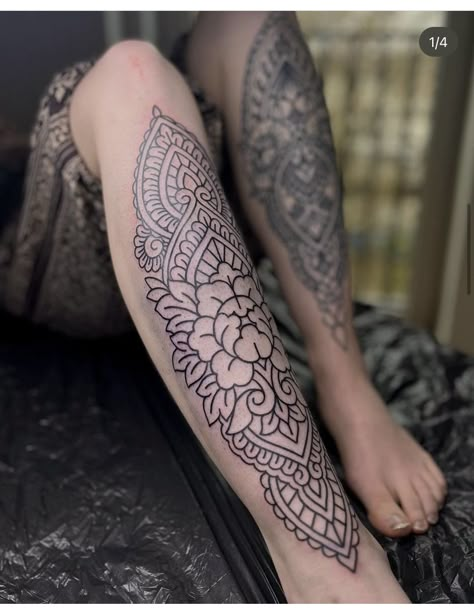 Ornamental Shin Tattoo, Ornamental Leg Sleeve, Shin Tattoos, Leg Tats, Bohemian Chic Outfits, Shin Tattoo, Full Leg Tattoos, Girl Back Tattoos, Tattoo Color