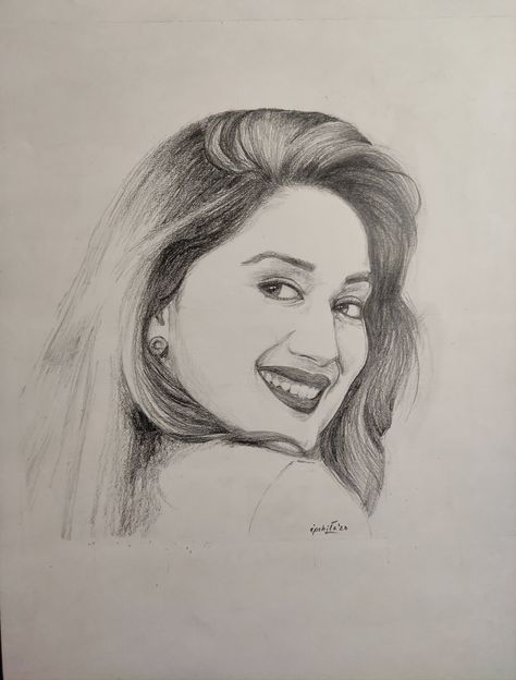 Madhuri Dixit Sketch, Celebrity Portraits Drawing Sketch, Pencil Portrait Drawing Easy, Indian Celebrity Portraits Drawing, Portrait Sketches Tutorial, Actress Drawing, Celebrity Sketch, Actress Sketch, Celebrity Sketches