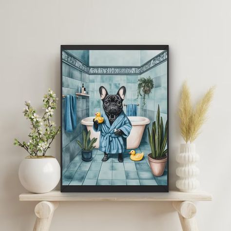 French Bulldog Dog in Bathtub Printable Wall Art Black Frenchie Dog in Bathrobe Rubber Duck Décor Dog Lovers Gift Botanical Spa Print - Etsy Dog In Bathtub, Black French Bulldogs, Duck Decor, Frenchie Dog, Quirky Decor, French Bulldog Dog, Black French, Decoration Originale, Wall Art Black