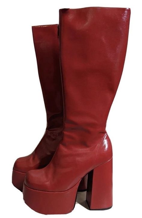 Mean Girls Fashion, Dark Red Boots, Red Platform Boots, Red Heel Boots, Chunky Heeled Boots, Red Platform, 70s Outfits, Steve Madden Boots, Red Boots