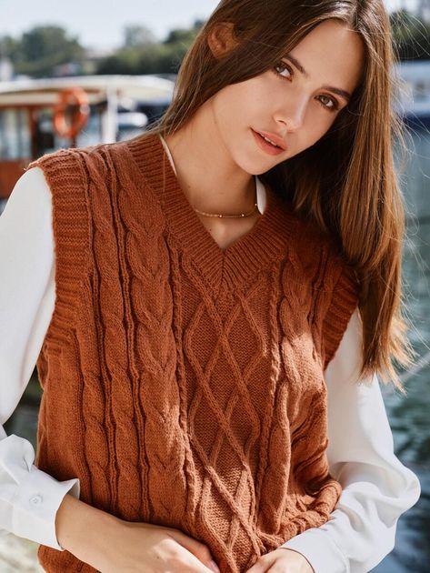 Orange Knit Vest Outfit, Orange Sweater Vest Outfit, Orange Sweater Vest, Knit Vest Outfit, Cable Knit Sweater Vest, Sweater Vest Outfit, Cable Knit Vest, Orange Knit, Orange Sweater