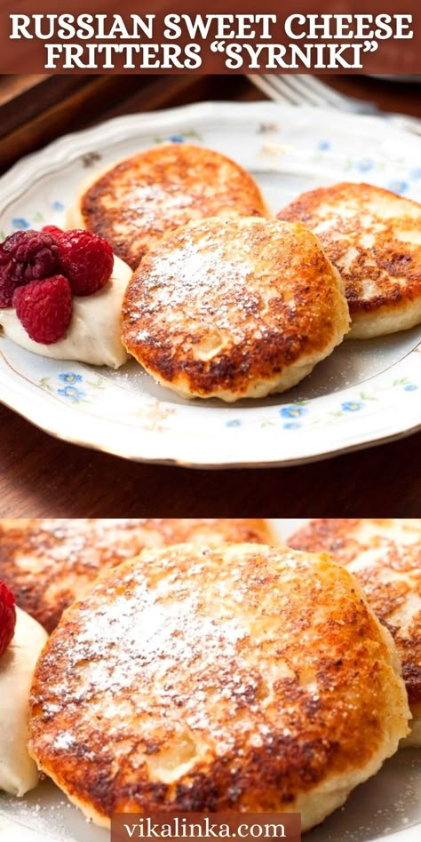 Russian Pancakes Recipes, Russian Cheese Pancakes, Traditional Russian Recipes, Foreign Breakfast Recipes, Russian Breakfast Recipes, Sirniki Russian, European Pancakes, Syrniki Pancakes, Polish Pancakes