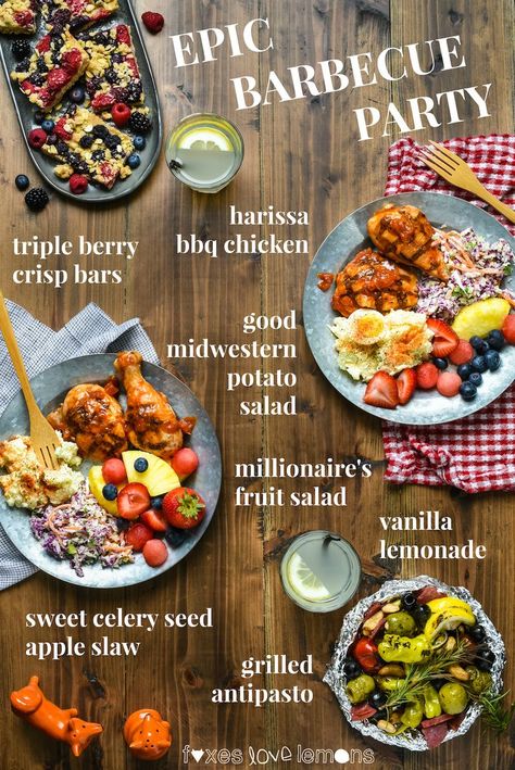 Epic Barbecue Party - Celebrate summer by hosting a backyard party or picnic and serving this "home chef" menu that will be loved by all ages! | foxeslovelemons.com Backyard Bbq Menu Ideas, Bbq Party Menu, Backyard Barbecue Party, Bbq Dinner Party, Party Menu Ideas, Backyard Bbq Party, Barbeque Party, Work Food, Grilled Food