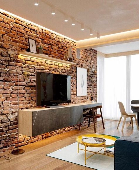 Brick Living Room, Brick Room, Interior Brick, Log Cabin Interior, Colourful Living Room Decor, Latest Living Room Designs, Industrial Interior Design, Interior Stairs, Modern Houses Interior