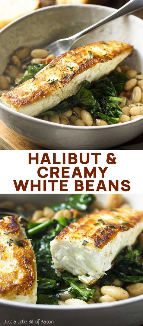 Have dinner in a bowl with pan seared halibut over creamy white beans and sauteed spinach! You'll love that this Mediterranean recipe is healthy, delicious, and quick. | justalittlebitofbacon.com #mediterraneanrecipes #halibut #fishrecipes #dinnerrecipes #easydinner Mediterranean White Fish Recipes, Italian Mediterranean Recipes, Halibut Risotto, Fish Dinner Side Dishes, Healthy White Fish Recipes, White Fish Dinner, Mediterranean Fish Recipes, Whitefish Recipes, White Beans And Tomatoes