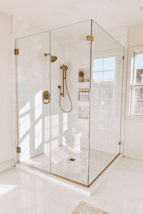 Glass Shower With Gold Hardware, Glass Shower Door Gold Hardware, All Glass Shower Doors, Glass Shower Gold Hardware, White Bathroom With Gold Hardware, Big Glass Shower Master Bath, Bathroom Remodel White And Gold, Gold Hardware Shower, Floor To Ceiling Shower Doors