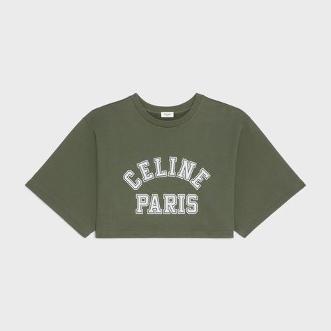 Cropped Celine T-shirt in Cotton fleece - KAKI MILITAIRE/OFF WHITE | CELINE Celine Top, Paris Tshirt, Celine T Shirt, Celine Outfit, Celine Clothes, Green High Heels, Christian Louboutin Women, Boutique Online, Cape Sleeves