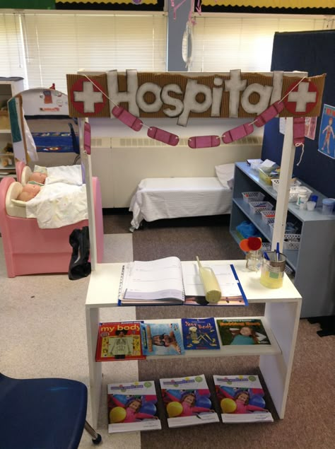 Our dramatic play area "hospital" is a huge hit! The waiting area has some fun medical activity books for kids, and once the "receptionist" has admitted you, the doctors have all the latest equipment like band aids, gauze wraps, IV bag, "needles",  crutches, and so much more! The best is the "lollipop" at the end of your visit!! Doctor Role Play, Activity Books For Kids, Dramatic Play Themes, Iv Bag, Role Play Areas, Child Life Specialist, Dramatic Play Preschool, Dramatic Play Area, Dramatic Play Centers