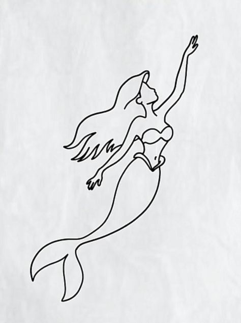 Fairy And Mermaid Tattoo Simple, Outline Mermaid Tattoo, Ariel Outline Tattoo, Mermaid Drawing Simple, Mermaid Aesthetic Tattoo, Small Ocean Tattoos For Women, Ariel Tattoo The Little Mermaid, Ariel Mermaid Tattoo, Mermaid Fine Line Tattoo