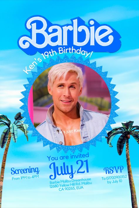 B⋆A⋆R⋆B⋆I⋆E 2023 Blue Doll Movie Birthday Invitation | A5 | E-invite | Digital Invite | Ryan Gosling is just Kenneth. #HappilyFlyingPig #aquabarbiegirl #barbie2023 #barbieinvitation #barbieken #barbiemovie #barbieposter #birthday #blue #blueinvitation #canvatemplate #design #digital #digitalinvitation #etsy #etsyshop #graphicdesign #hiken #invitations #invites #kendoll #kidsinvitations #margotrobbie #onlinestore #ryangoslingken Barbie And Ken Birthday Invitations, Barbie Bday Invitation, Barbie Invitation Template, Invitation Card Design Barbie, Free Barbie Birthday Invitation Templates, Barbie Birthday Video Invitation, Barbie Invitation, Aqua Barbie Girl, Barbie Invitations