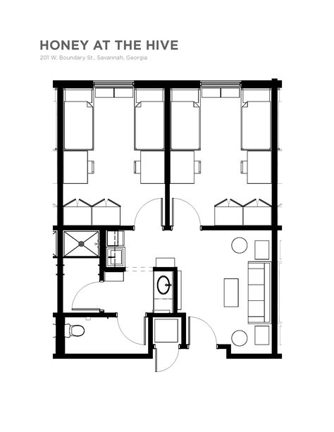 This four-story residence hall provides coeducational housing for approximately 250 students. Each suite features two double-occupancy rooms with private bathroom facilities, community cabinets with a sink, a living room with a couch, end tables, a coffee table and entertainment shelf for a flat-screen TV. Each room features air conditioning, a cable television outlet, an extra-long, twin-size bed, a desk, a chair, a wardrobe with drawers and wireless internet access for each resident. Honey ... Couch End Tables, Budget Dorm Room, Dorm Layout, Dorm Room Layouts, Dormitory Room, Dorm Inspiration, Dorm Room Hacks, Architecture Portfolio Design, Cool Dorm Rooms