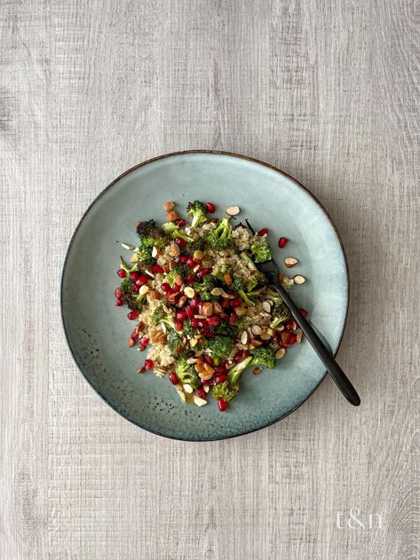 With just the right mix of fruit, veg, nuts & high-fibre quinoa, this Quinoa, Broccoli & Pomegranate salad is nutritious, bursting with flavour, and super-satisfying! Quinoa Broccoli, High Fibre, Pomegranate Salad, Lemon Rind, Dinner For Two, Pomegranate Seeds, Quinoa Salad, Fruit And Veg, Pine Nuts