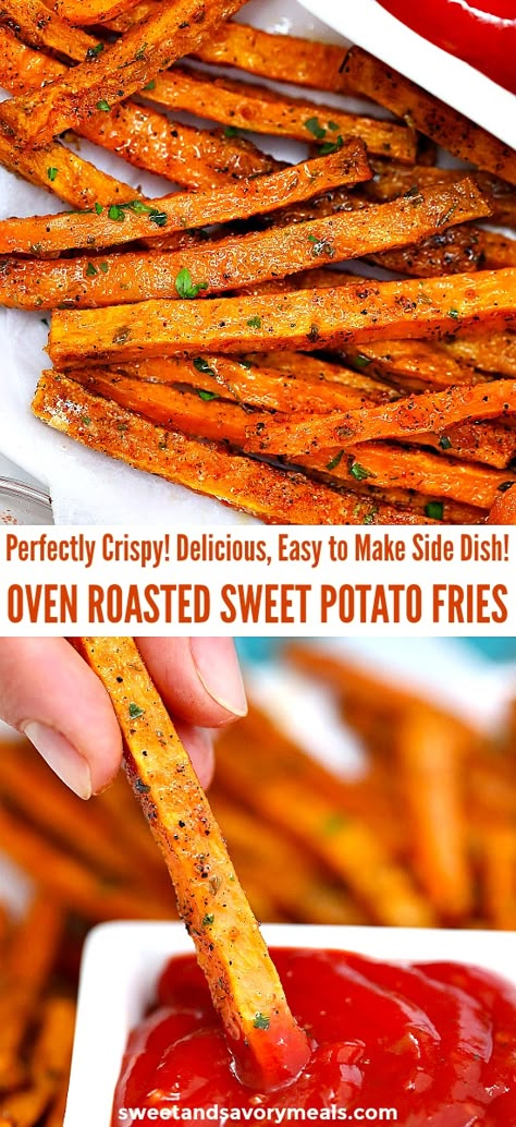 Oven Roasted Sweet Potato Fries, Roasted Sweet Potato Fries, Oven Roasted Sweet Potatoes, Savory Meals, Roasted Sweet Potato, Potato Fries, Fries In The Oven, Potato Dishes, Sweet Potato Recipes