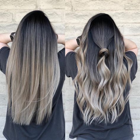 Dark Hair With Dimension Balayage, Baylage Straight Hair, Balayage Hair Straight, Icy Blonde Highlights On Dark Hair, Straight Hair Balayage, Straight Hair Color, Color Melting Hair, Balayage Straight, Balayage Straight Hair