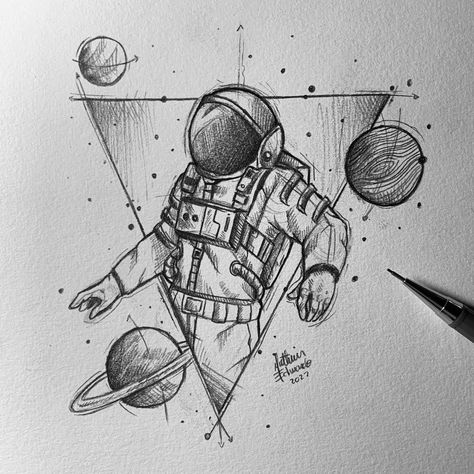 Astronaut Pencil Drawing, Space Pencil Art, Space Sketches Pencil, Space Art Pencil, Astrounut Drawing, Satelite Drawings, Space Man Drawing, Astronomy Sketches, Sci Fi Drawing