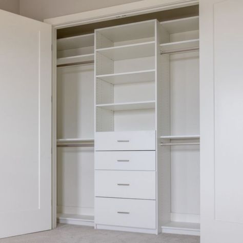 Closet With Drawers Inside, Closet Storage With Drawers, Reach In Closet With Drawers, Closet With Drawers And Hanging Space, Small Closet Cabinet Ideas, Closet Design Layout With Drawers, Closet With Built In Drawers, Closet Drawer Organization Ideas, Built Closet Ideas