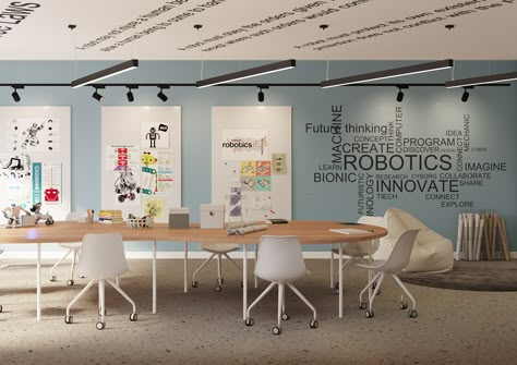 IB School on Behance School Office Design, Innovative School Design, Conference Room Decor, School Reception, Classroom Interior, Lab Work, Modern Classroom, Architectural Studio, Innovation Lab