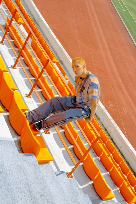 Football Field Photoshoot, Bleachers Photoshoot, Football Jersey Photoshoot, Stadium Photoshoot, Football Editorial, Track Illustration, Adidas Editorial, Athleisure Outfits Casual, Stadium Photography