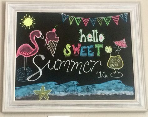 Hello Summer Chalkboard Art Summer Dry Erase Board Art, Happy Summer Chalkboard Art, Restaurant Chalkboard Ideas Summer, Summer Whiteboard Ideas, Cute Summer Chalkboard Ideas, Summer White Board Ideas, Summer Chalkboard Art Ideas, Beach Chalkboard Art, June Chalkboard Calendar