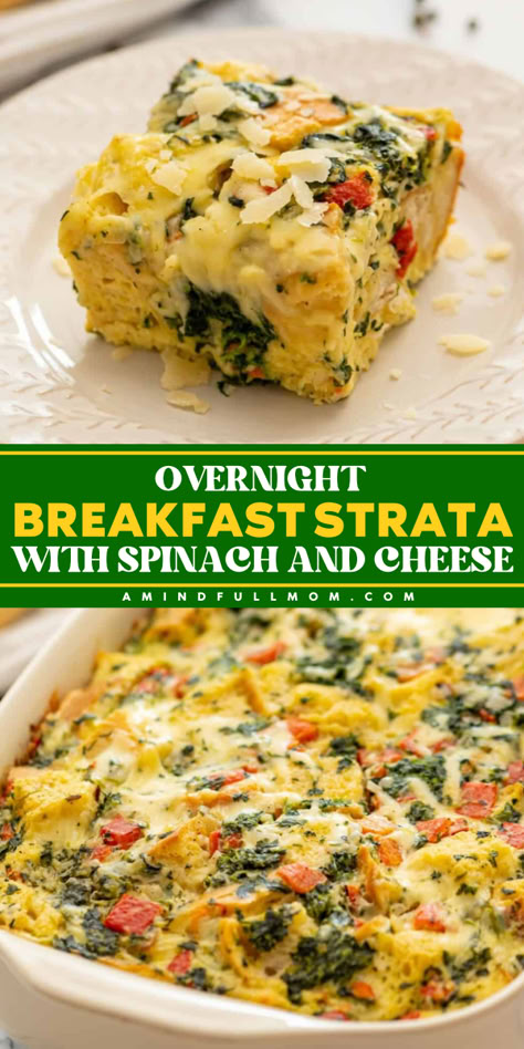 Enjoy Overnight Breakfast Strata with Spinach and Cheese, a delightful vegetarian breakfast casserole! This make ahead dish combines cubed bread, frozen spinach, and cheese, making it the perfect holiday brunch idea for Christmas morning brunch. Make it and impress your guests! Vegetarian Breakfast Casserole Easy, Healthy Breakfast Casserole Make Ahead Christmas Morning, Christmas Strata Overnight Breakfast, Overnight Vegetable Breakfast Casserole, Vegetarian Christmas Breakfast Casserole, Breakfast Casserole With Spinach And Feta, Vegetable Breakfast Casserole Recipes, Overnight Vegetarian Breakfast Casserole, Christmas Breakfast Strata