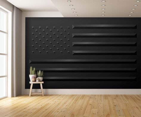 Black American Flag Wallpaper Mural CHOOSE YOUR SIZE AND WHAT SUBSTRATE - MATERIAL YOU WANT IT PRINTED ON 1. CANVAS TEXTURED PEEL & STICK 2. SMOOTH NON-PASTED TRADITIONAL WALLPAPER - YOU MUST PURCHASE WALLPAPER PASTE TO APPLY. Customized Sizes are available - Just contact us. Purchase one of our sample 10" x 15" square with your image. Printed with water resistant vivid HP Latex Inks. Easy Application with instructions included. Adds awesome ambiance to any room, office or man cave. Ask about a custom sizing or choices of tons of other images and patterns. LARGE High Resolution Photo - Wall Décor Great for homes, man caves, offices, hallways, malls, etc. American Flag Accent Wall, Black And Wood Accent Wall, Black American Flag Wallpaper, Boys Wallpaper Bedroom, Gym Accent Wall, Gym Mural Wall Art, Gym Wall Ideas, Large Accent Wall, House Accent Walls