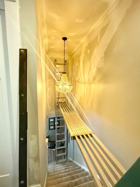 Closed Staircase Ideas, Closed Staircase, Hallway Makeover, Angled Ceiling, Upstairs Hallway, Herringbone Wallpaper, Basement Stairs, Diy Remodel, Painting Bathroom