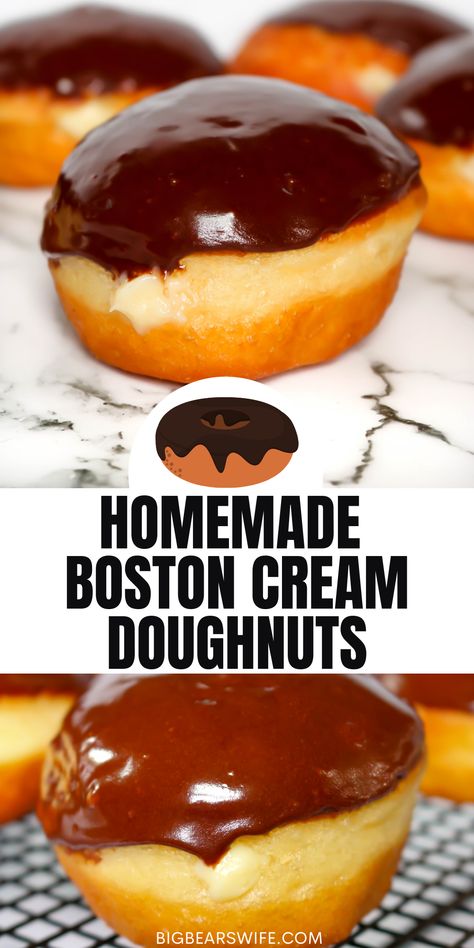 Dunkin Donuts Boston Cream Donut Recipe, Bavarian Creme Donut Recipe, Homemade Boston Cream Donut, Boston Kreme Donut, Boston Creme Donuts Recipe, Boston Cream Pie Donut, Jam And Cream Donut Recipe, Bismarck Donut Recipe, Baked Boston Cream Donut Recipe