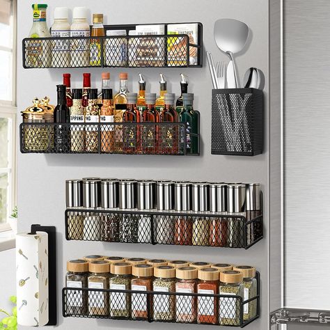 DTUQYX Magnetic Spice Rack, Refrigerator Organizer, 6 Pack Metal Black Magnetic Shelf with Paper Towel Holder, Utensils Holder, Strong Magnets, Space Saving Large Spice Rack, Magnetic Shelf, Tiny Pantry, Magnetic Spice Rack, Organiser Cucina, Refrigerator Organizer, Spice Shelf, Magnetic Storage, Fridge Shelves