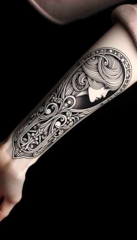 Art Nouveau tattoo design featuring a striking side-facing woman, symmetrical patterns forming an elongated oval shape. #artnouveau #tattoo #tattooideas #aiart Art Nouveau Forearm Tattoo, Art Nouveau Woman Tattoo, Art Noveau Tattoos Women, Art Nouveau Tattoo Woman, Classic Tattoo For Women, Mucha Tattoo, Art Nouveau Tattoo Design, Symmetrical Tattoos, Ornate Tattoo