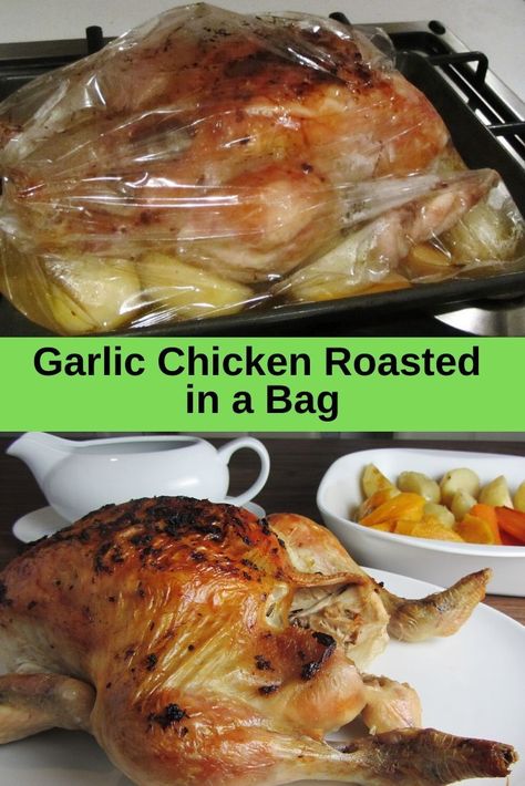 Roasting a chicken inside an oven bag keeps it deliciously moist! This garlic chicken is cooked in a bag with potatoes and vegetables to make a delicious one pot chicken dinner, perfect for Sunday lunch. #roastchicken #chickendinner Roasted Chicken In A Bag, Whole Chicken In Oven Bag, Roast Chicken In A Bag, Roast Chicken In Oven, Reynolds Oven Bag Recipes, Roast Chicken Oven, One Pot Chicken Dinner, Whole Chicken In Oven, Whole Chicken Recipes Oven