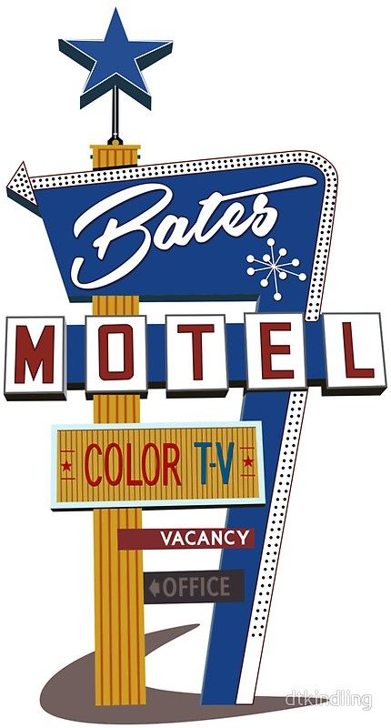 Bates Motel Vintage Motel Sign Illustration, Retro Motel Sign, 1960s Home Decor, Roadside Signs, Cool Symbols, 1960s Home, Bates Motel, Mcm Design, Vintage Tin Signs