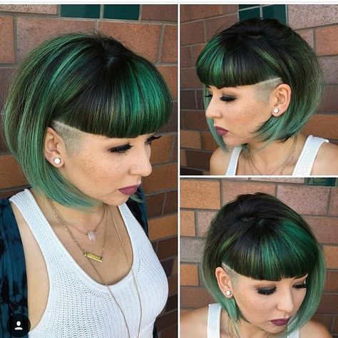 This Emerald Green Undercut Bob with Blunt Baby Bangs is a great haircut for someone seeking a modern versatile style. This short  bob can be worn polished, with messy waves, or for an edgier look, hair can be pulled back to reveal the shaved sides. The full blunt bangs and the fun hair color and highlights shows off the eccentric creative side of its wearer. Styling tips for this bob and other similar short hairstyles can be found at Hairstyleology.com Shaved Side Haircut, Side Haircut, Punk Hair, Trendy Hair Color, Short Hair Color, Undercut Hairstyles, Mullet Hairstyle, Short Curly Hair, Cool Hair Color