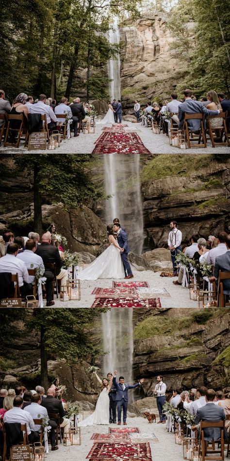 A gorgeous waterfall wedding at Toccoa Falls in the North Georgia Mountains. Wedding photography by Authentic Collective- Atlanta, Georgia wedding photographers.   #waterfallwedding #waterfallceremony #weddingphotography Mountain Wedding Georgia, Oregon Winter Wedding, Fall Wedding Mountains, Wedding Waterfall, Aston Irwin, Toccoa Falls, Forest Weddings, Wedding In The Mountains, Hacienda Wedding