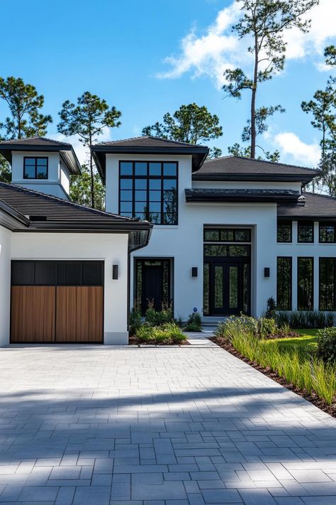 Modern house framed by tall trees and a clear sky. Unravel the stylish mystery of transitional houses, where the timeless charm of yesterday meets the sleek flair of tomorrow—because your home deserves to time travel too! House Design Brick, Hardy Plank, Transitional Homes, Black Metal Roof, Stucco House, Cottage Houses, Front Walkway, Hardie Plank, Stucco Homes