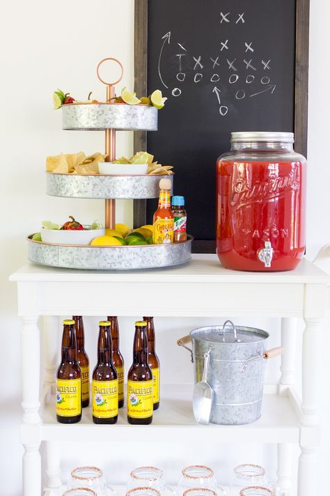 Build Your Own Michelada Bar plus an Easy Michelada Recipe perfect for football parties. Michelada Bar Station, Michelada Bar Ideas, Michelada Bar, Bar Ideas Wedding, Tomato Cocktail, Mexican Beverages, Michelada Mix, Wooden Bar Cart, Michelada Recipe