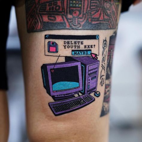 Pc Tattoo, Computer Tattoo, Tech Tattoo, Nerd Tattoo, Vintage Computer, Tattoo Project, Time Tattoos, Dope Tattoos, Mini Tattoos