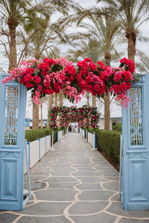 Entrance Door Design For Wedding, Santorini Theme Wedding Decor, Greece Theme Wedding Decor, Mamma Mia Backdrop, Event Entrance Arch Design, Pool Wedding Decorations, Event Entrance Arch, Mamma Mia Wedding, Bougainvillea Wedding