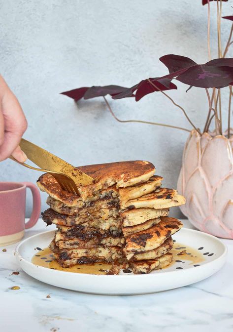 Vegan Chocolate Chunk Pancakes - Baking with Aimee. Egg Replacement, Baked Pancakes, Pancakes Ingredients, Vegan Pancakes, Delicious Donuts, Chocolate Chunk, Weekend Breakfast, Fluffy Pancakes, Pancake Batter