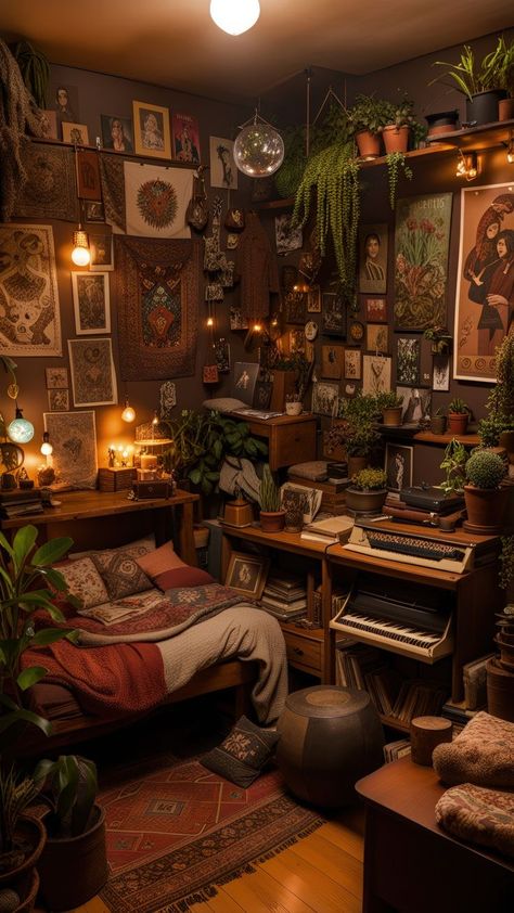 Cosy Witchy Bedroom, Calming Bedroom Aesthetic, Tiny Room Ideas Space Saving Bedrooms, Dark Cozy Bedroom Ideas Romantic, Vintage Cottagecore Bedroom, Cozy Vintage Bedroom, Maximalism Bedroom, Bedroom Upgrades, Masculine Bedroom Decor