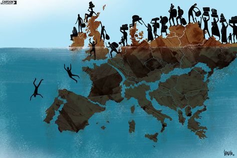 The EU is due to announce plans to tackle the #refugeecrisis. Today’s cartoon by Vasco Gargalo: http://www.cartoonmovement.com/cartoon/23167 Migrants Illustration, Deep Sea Diver Art, Refugees Art, Human Migration, Daily Cartoon, We Are The World, A Level Art, Caricatures, Syria