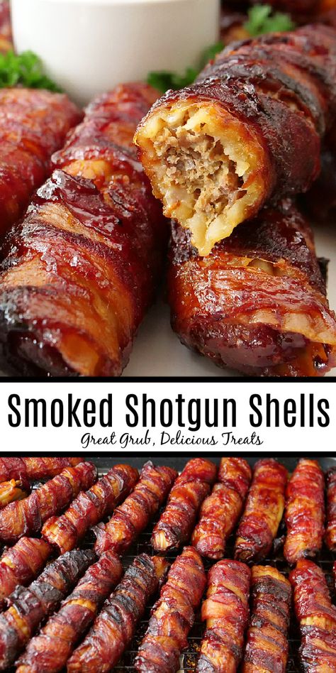 Smoked Shotgun Shells, Grill Foods, Pellet Grill Recipes, Traeger Recipes, Smoked Meat Recipes, Delicious Appetizer Recipes, Stuffed Shells Recipe, Best Appetizer Recipes, Smoked Cooking