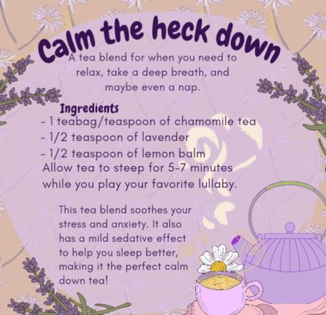 Calming Herbal Tea Recipes, Calming Tea Recipe, How To Make Lavender Tea, Magical Tea Recipes, Homemade Herbal Tea Recipes, Homemade Tea Blends, Herbal Tea Recipes Homemade, Healing Tea Recipes, Herbal Tea Recipes