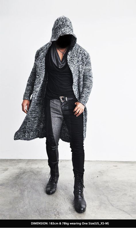 Mens Long Cardigan Outfit, Knit Cardigan With Hood, Men Long Sweater Cardigan, Shawl Cardigan Men Outfits, Men’s Cardigan Sweater Outfit, Steampunk Men Clothing, Long Cardigan Outfit, Modern Goth, Boys Clothes Style