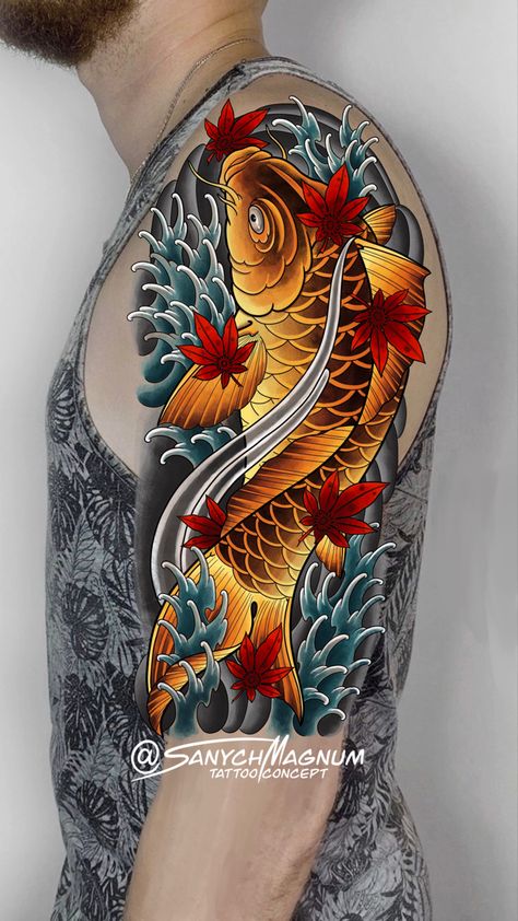 Koi fish in maple leaves Japanese tattoo design, oriental tattoo Koi Tattoo Design For Men, Japanese Koi Fish Tattoo Design For Men, Carp Fishing Tattoo, Koi Fish Tattoo For Men, New Japanese Tattoo, Japanese Koi Fish Tattoo Design, Pez Koi Tattoo, Koi Fish Tattoo Design, Dragon Koi Fish