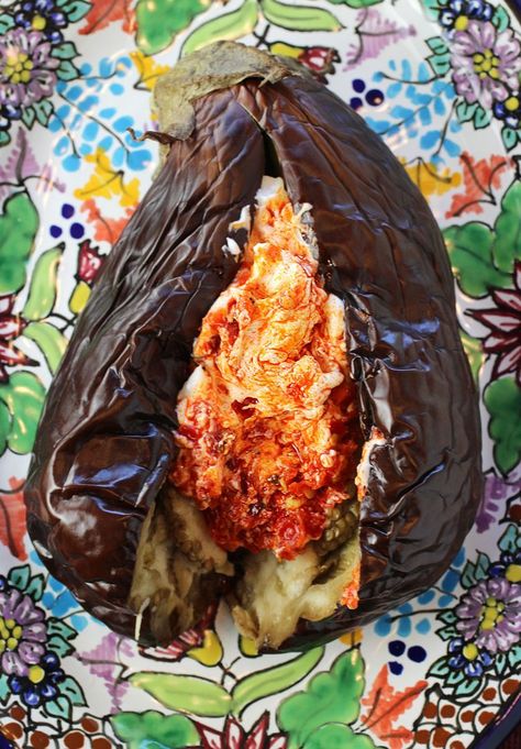 A super easy recipe in which you roast a whole eggplant in the oven until super tender and creamy. (recipe) Whole Roasted Eggplant, Roasted Whole Eggplant, Eggplant In The Oven, Banana And Nutella Cake, Oven Baked Eggplant, Calabrian Chili Paste, Fried Udon, Eggplant Curry, Chili Crisp