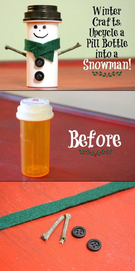 DIY - Snowman Made With Empty Pill Bottle  So cute!! I have sooooo many old pill bottles laying around that I've been meaning to recycle. Now's my chance! I could make a bunch this summer and have them ready for Christmas! Medicine Bottle Crafts, Pill Bottle Crafts, Diy Snowman Decorations, Pill Bottle, A Pill, Diy Snowman, Pill Bottles, Diy Upcycling, Diy Upcycle