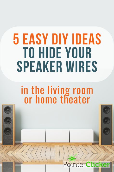 5 easy DIY ideas to hide your speaker wires in the living room or home theater Hiding Speakers In Living Room Surround Sound, Home Theater Speakers Setup, Home Sound System Ideas, Hide Speaker Wire, Rear Speakers Living Room, Living Room With Speakers, Hiding Speakers In Living Room, Hide Speakers In Living Room, Living Room Speakers Ideas